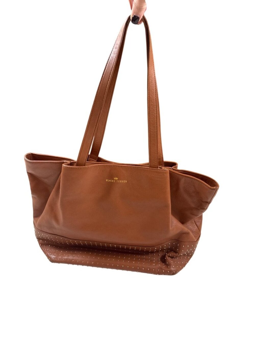 Elaine Turner Studded Leather Tote Bag Large Brown 17" Shoulder Bag Durable